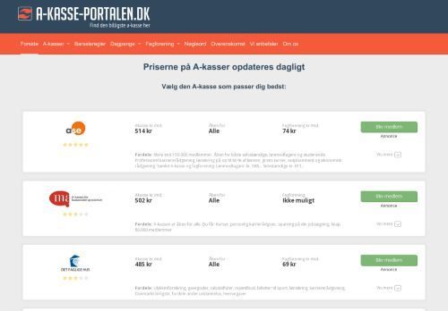 Screenshot af A-kasse-portalen