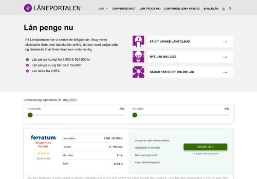 Screenshot af Låneportalen